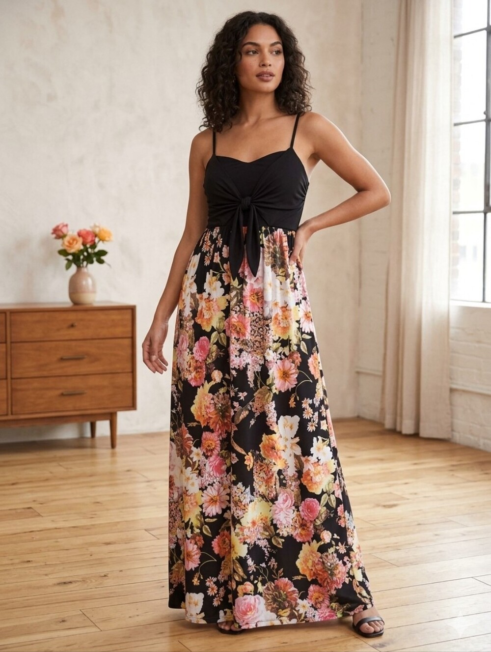 Buffalo David Bitton Black Floral Tie-Front Maxi Dress